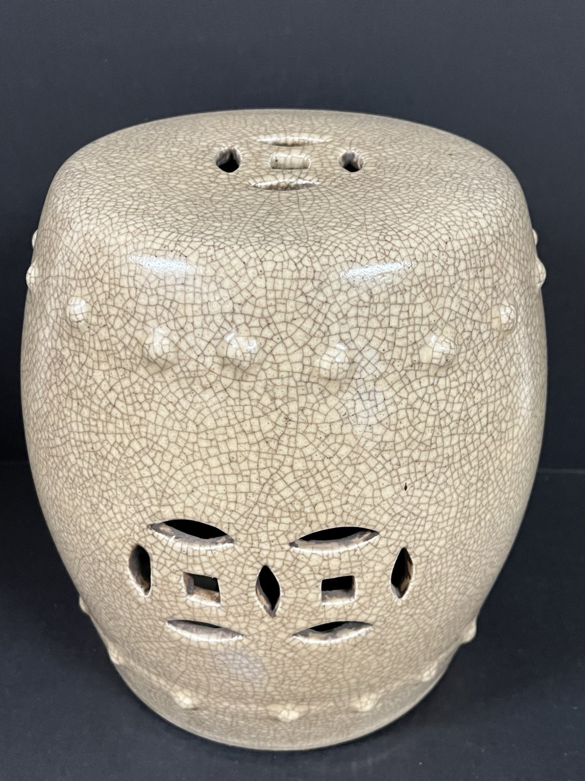 Vintage Chinese Porcelain Round Garden Stool Darker Beige Crackled Double Coin