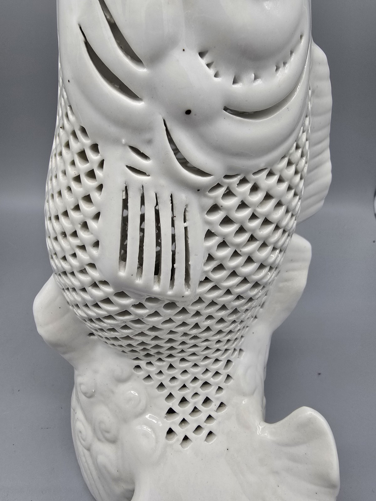 Vintage Blanc De Chine Koi Fish Votive Lamp Base Sculpture 10 1/2″