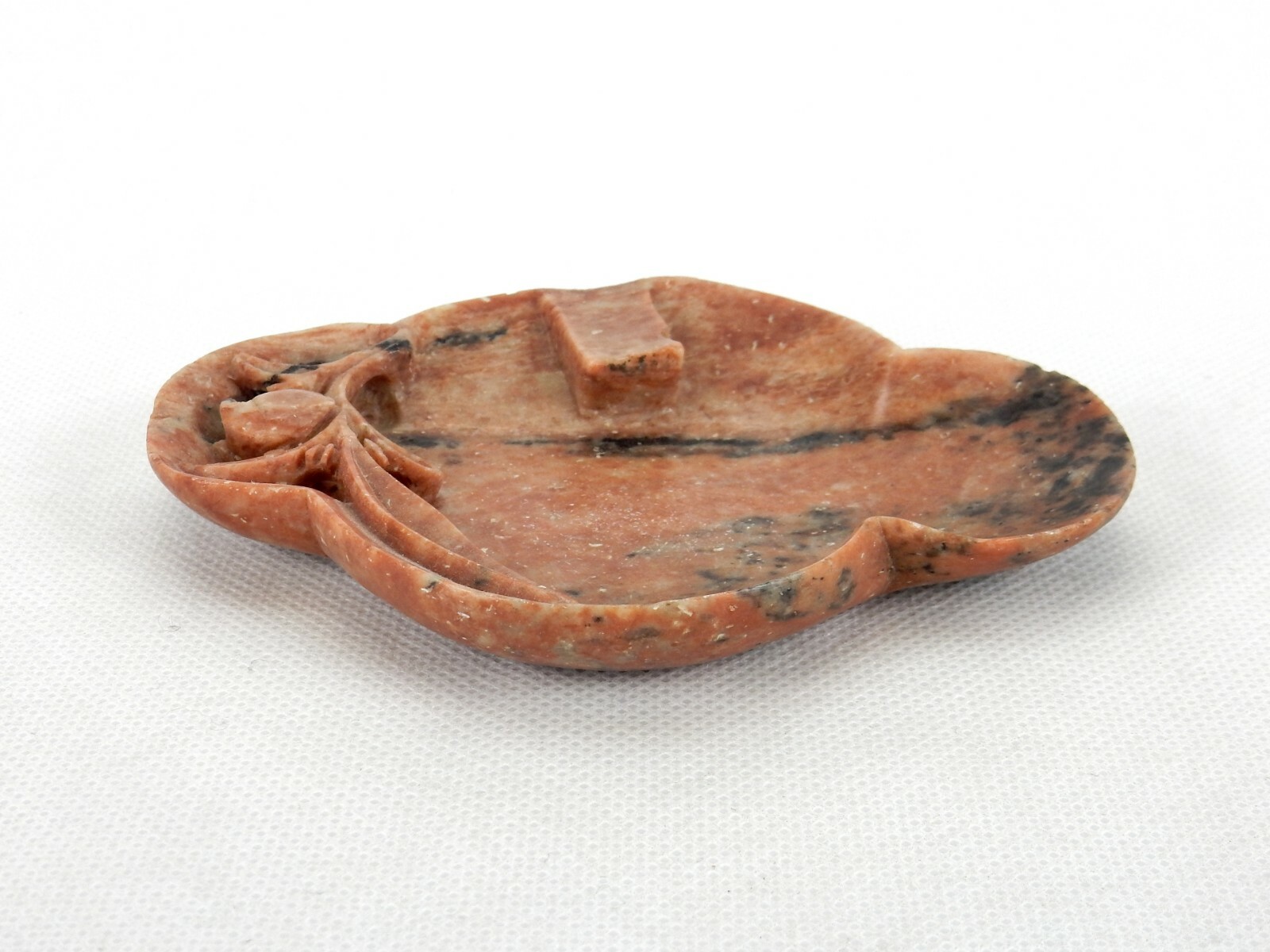 Vintage Carved Soap Stone Ashtray, Brown w/Black Highlights, Floral Design