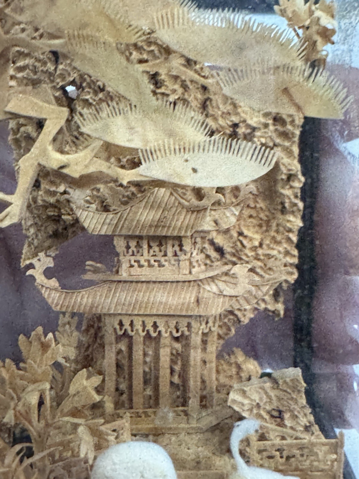 Vtg Miniature Chinese Carved Cork Diorama Art Glass Shadow Box Cranes Pagoda 3D