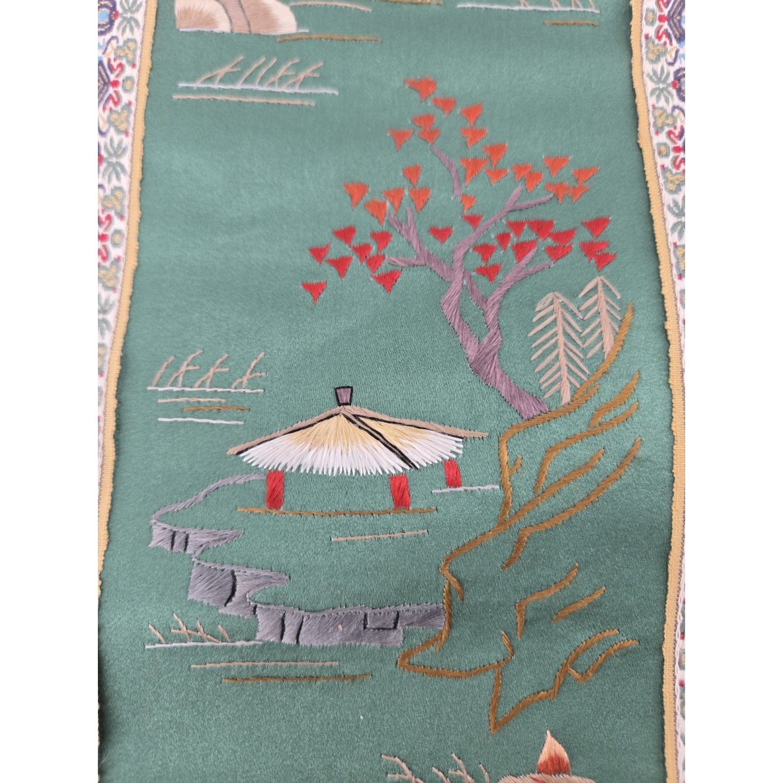 Vintage Chinese Hand Embroidered Silk Pagoda Tapestry Decorative Fabric Panel