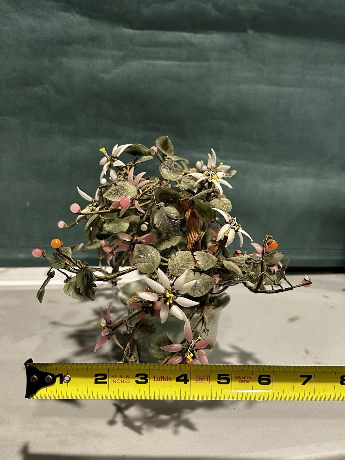 Vintage Chinese Hand Carved Jade Stone Flower Blossom Bonsai Tree Porcelain Pot