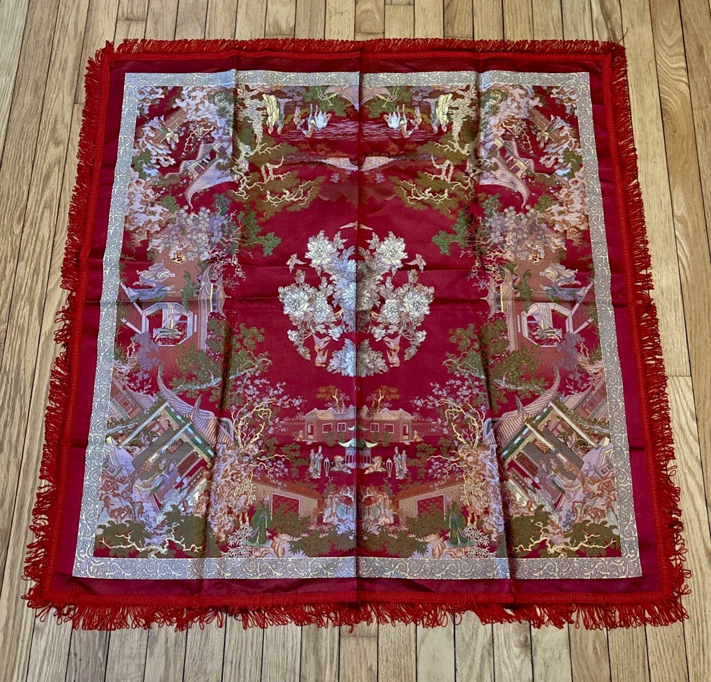Vintage Chinese Silk Brocade Tablecloth fringe Tapestry Embroidery 38” x 37”