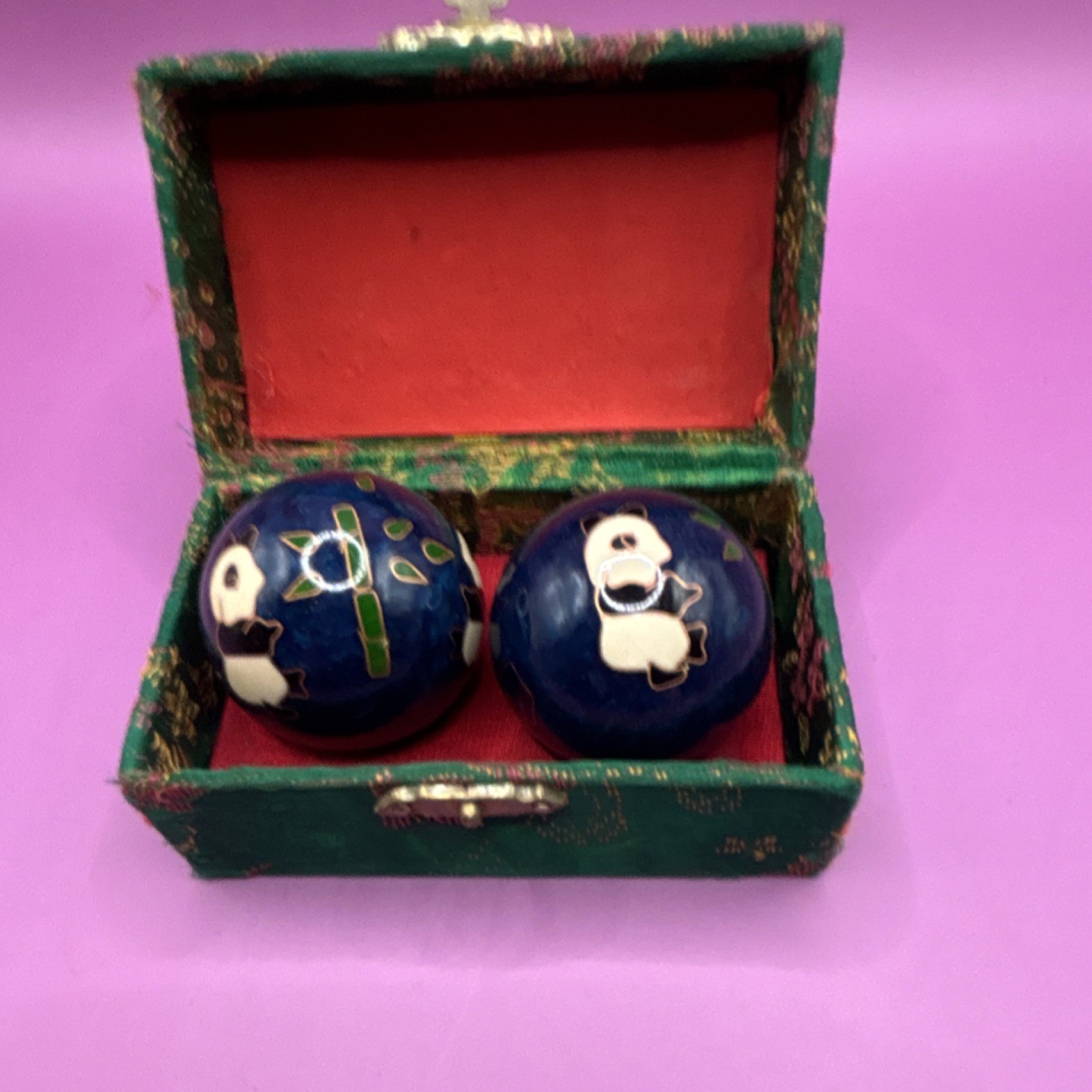 Chinese Panda Decorative Balls in Green Brocade Box, Ownership History N/A