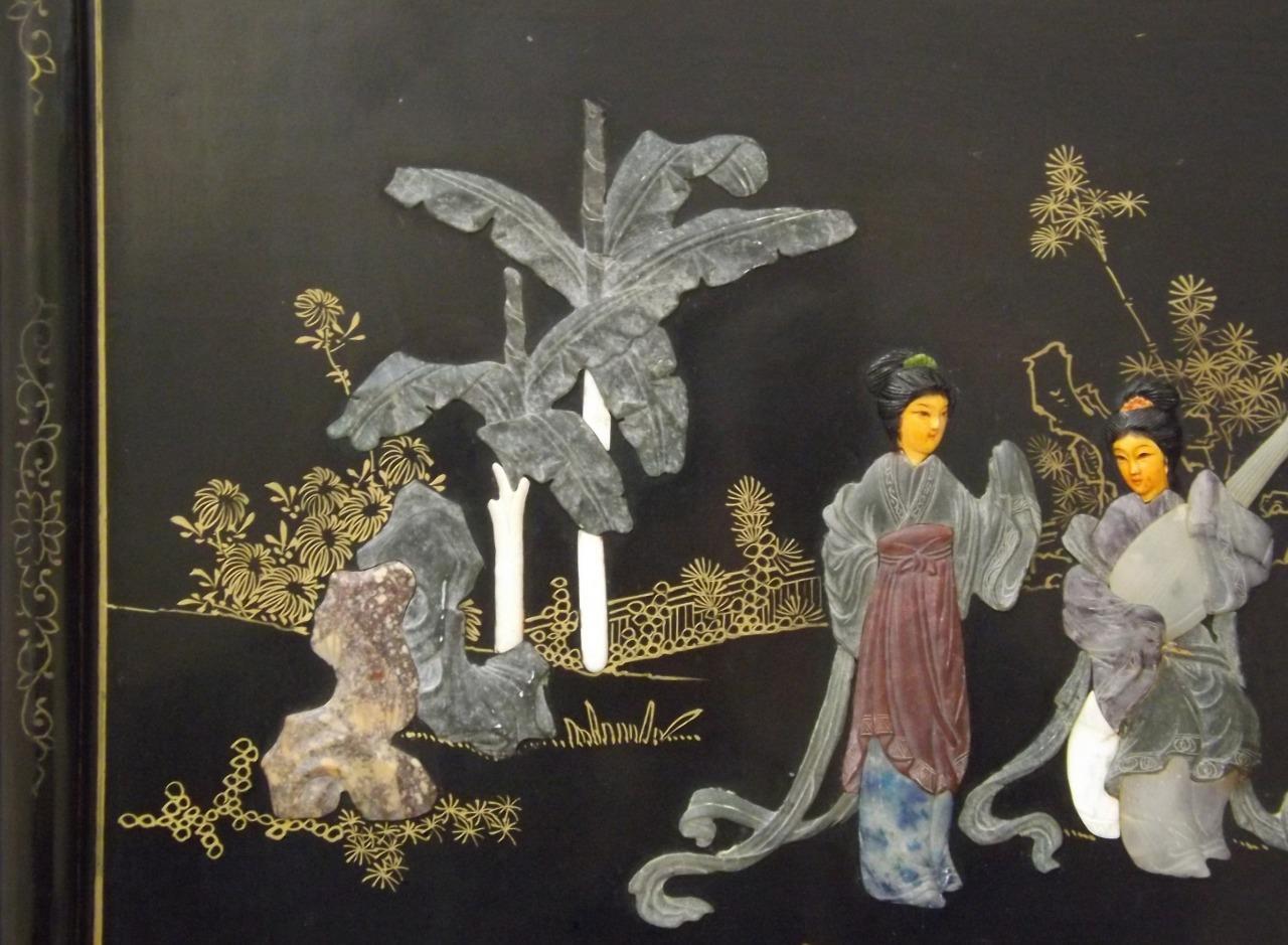 2 Asian Oriental Lacquer Mother of Pearl Wall Art Panels 14″ x 16″