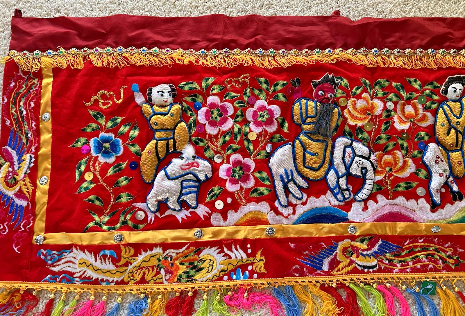 9′ LONG ASIAN WALL HANGING TAPESTRY chinese textile art BEARDS ON MEN rod Loops