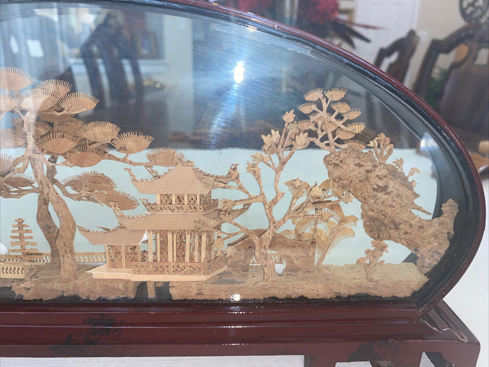 Vintage Large Chinese Cork Art In Glass Box Birds Garden Soothing Scenery 14” L