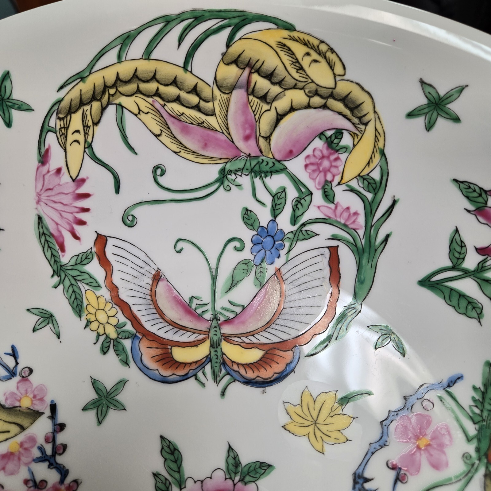 Lg. Chinese Porcelain 14″ Bowl w Brass Stand Hand-Painted Butterflies & Flowers