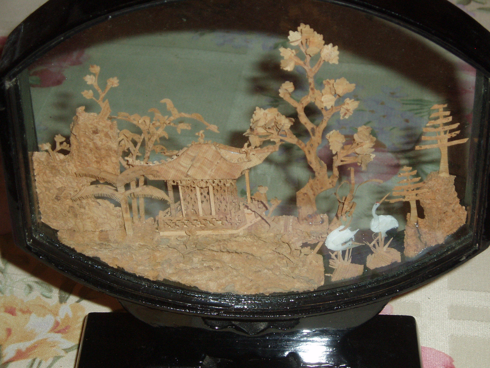 Vintage Chinese Artwork Cork Sculpture Rounded Display Pagoda Cranes Trees