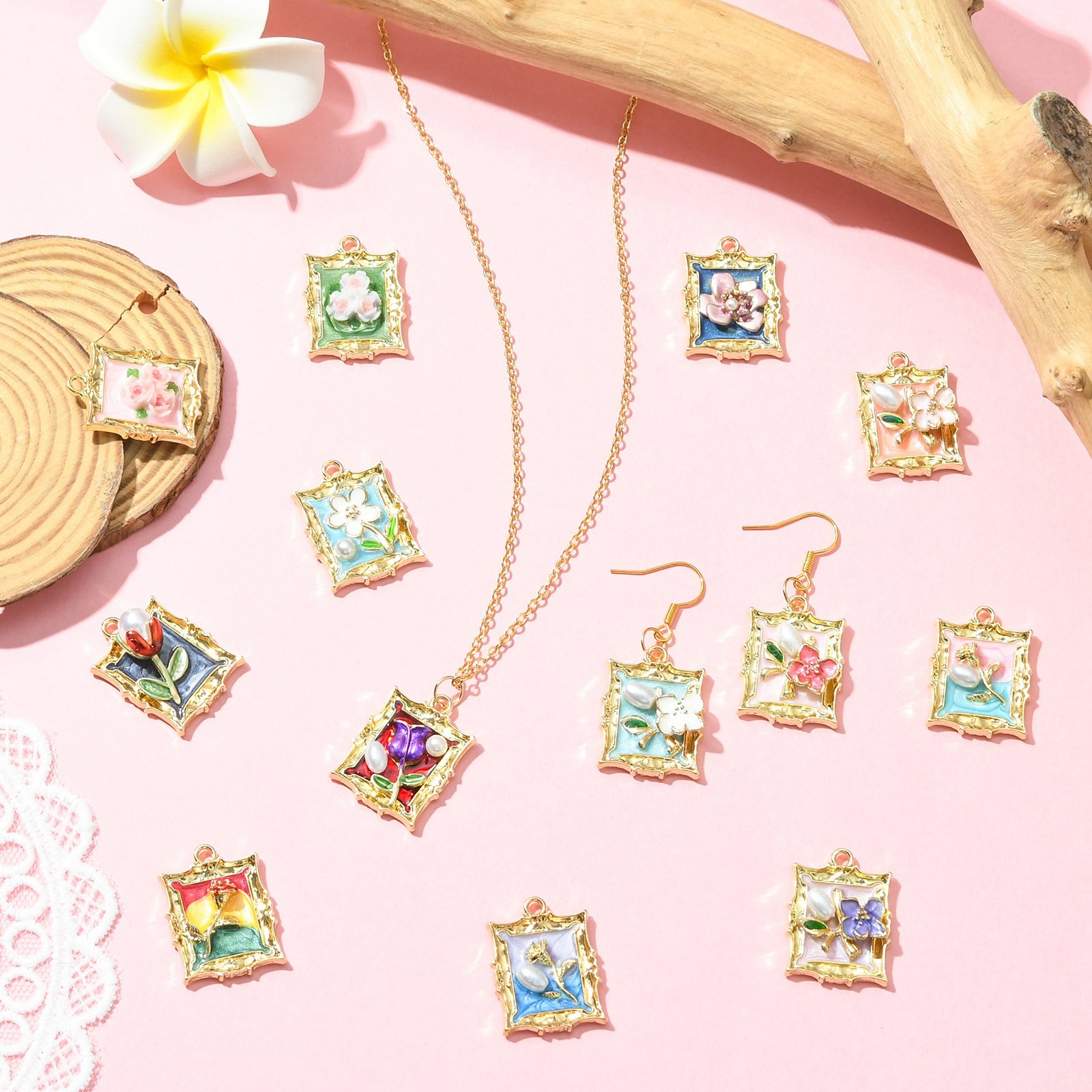 18x Rectangle Alloy Enamel Flower Pendants for Earrings Necklace Jewelry Making
