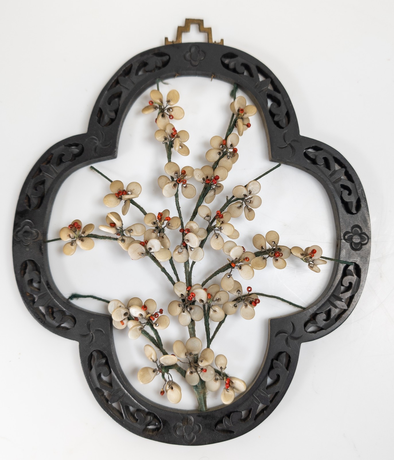 Vintage Chinese Faux Jade Peking Glass Prunus Flower Wall Hanging