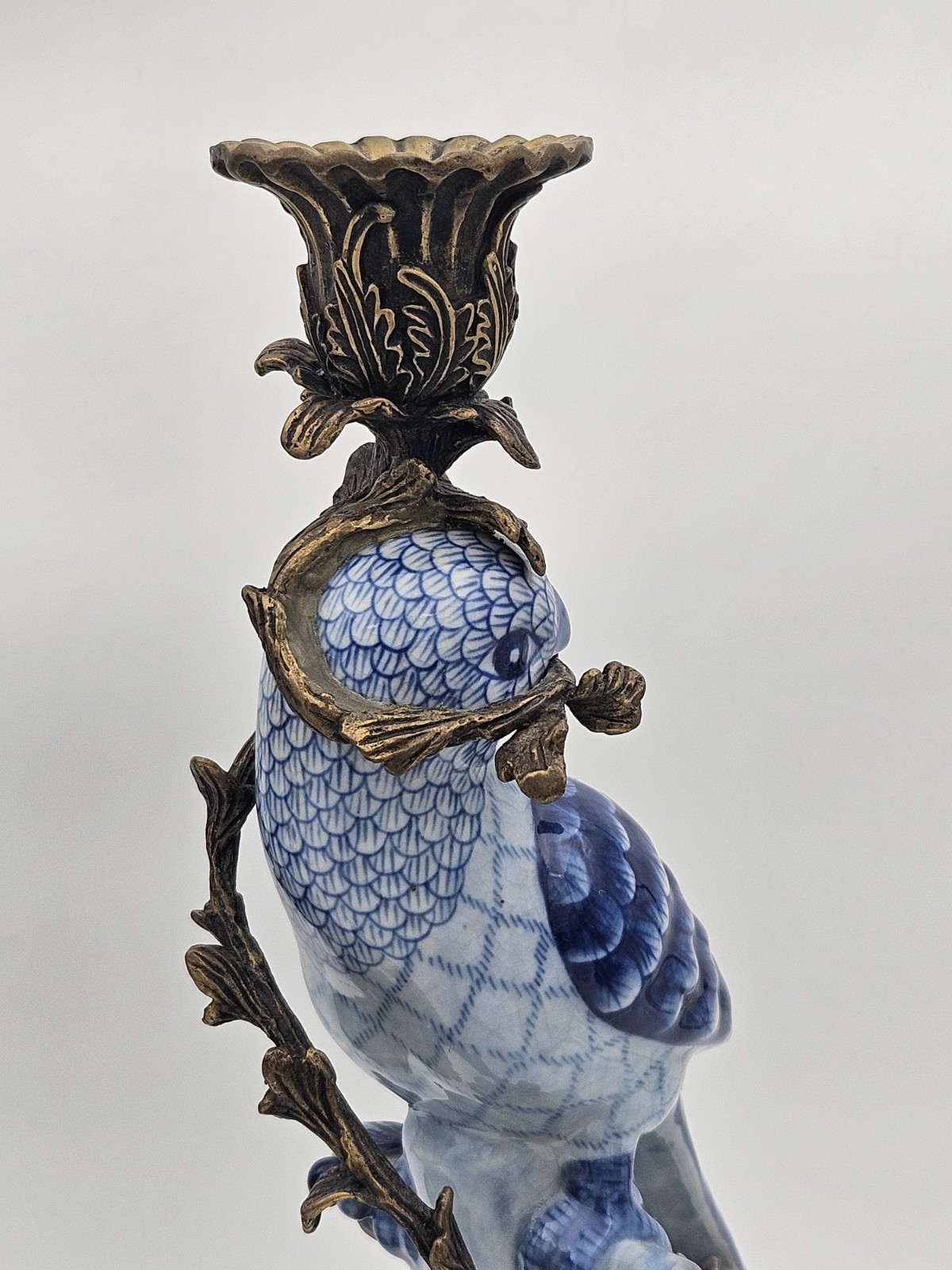 Antique Chinese Bird HOLLYWOOD REGENCY Blue Birds Brass Candle Holders 14″