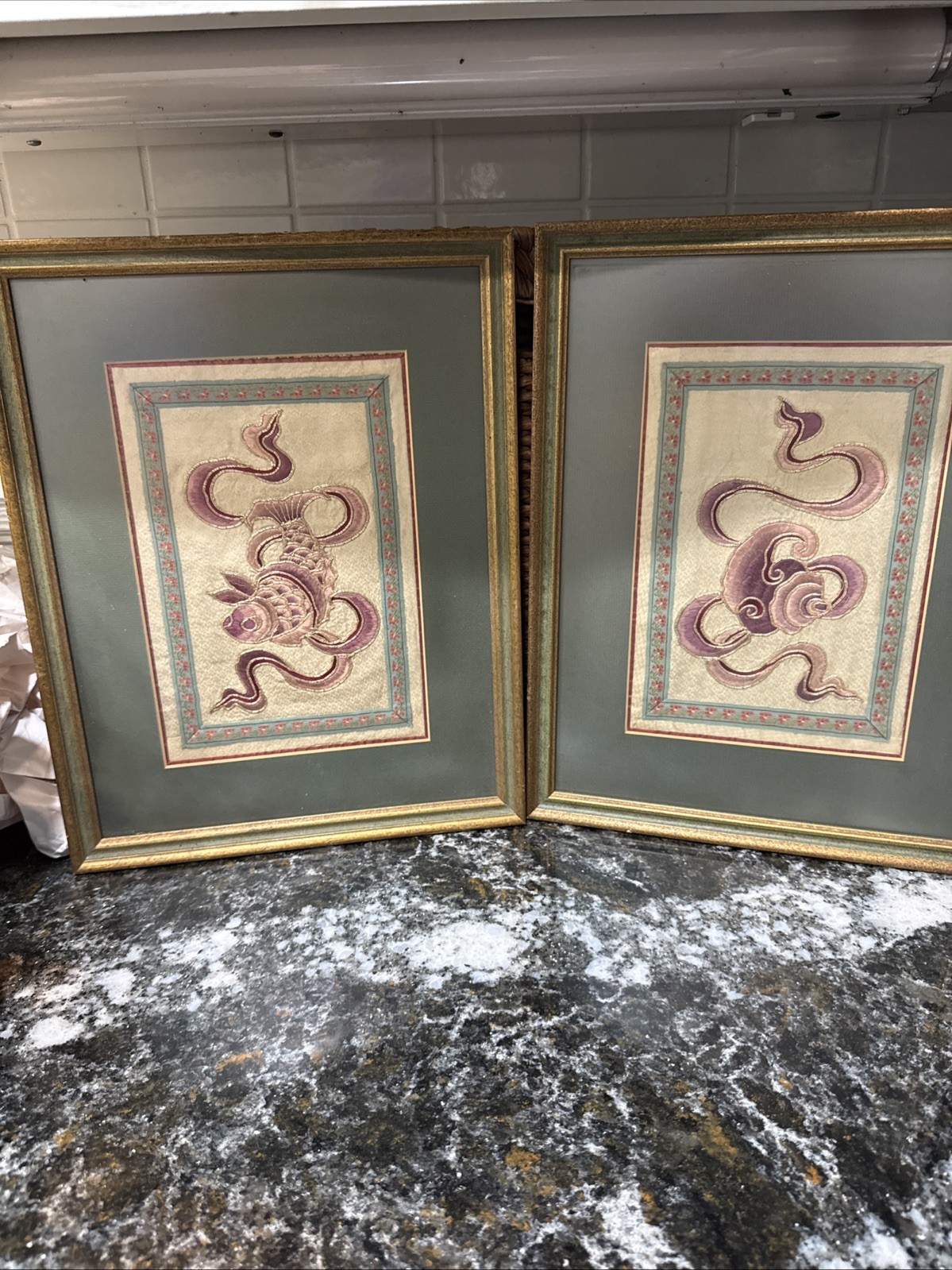 Antique Pair Of Chinese Silk Embroidery Panel Textile Tapestry Framed 11.5 X15