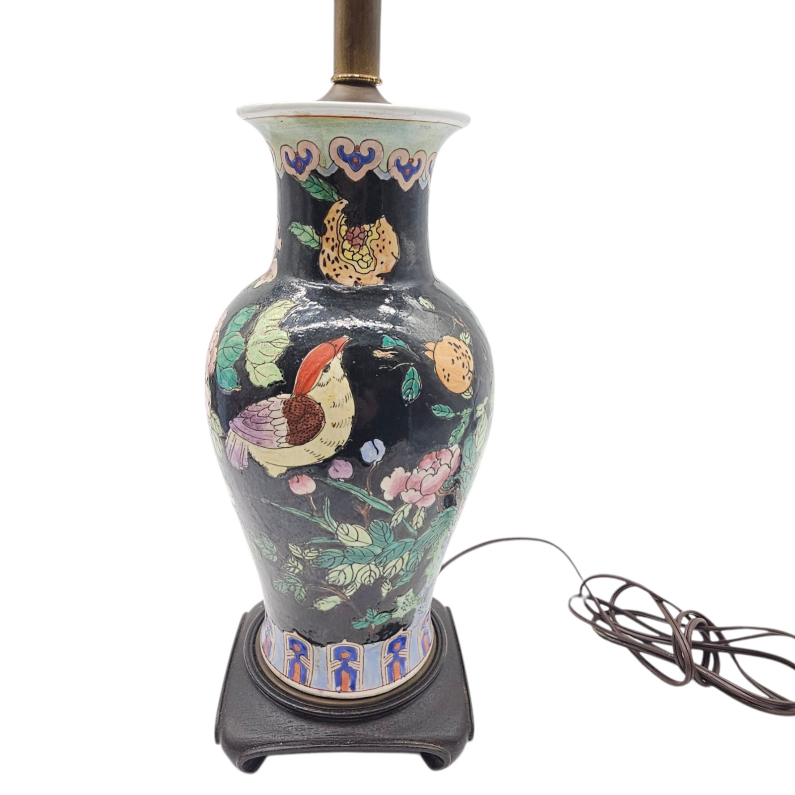 VTG Chinese Famille Noir Porcelain Lamp Hand Painted Birds Flower Black Base 20″