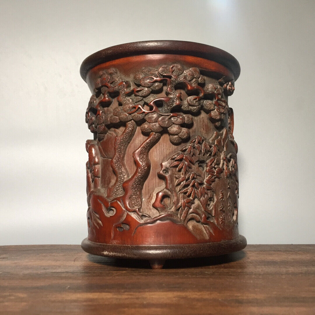 6.5″ old Hand-carved four virtues of refined people statue bamboo Pen Brush pot