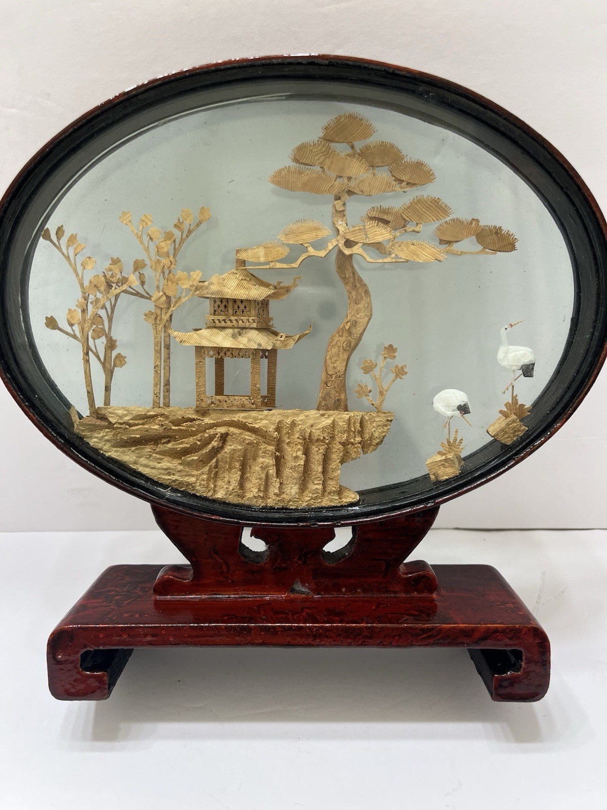 Vintage Chinese Hand Carved 3D Cork Diorama Framed Trees Pagoda Silk Crane 8×8”