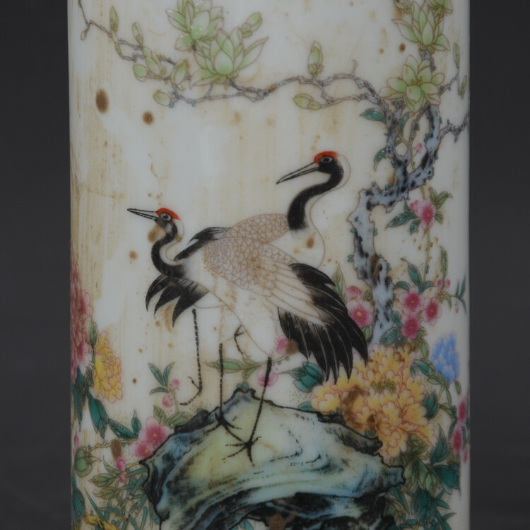 4.7″ Good Chinese Jingdezhen Famille Rose Porcelain Red-crowned Crane Brush Pots