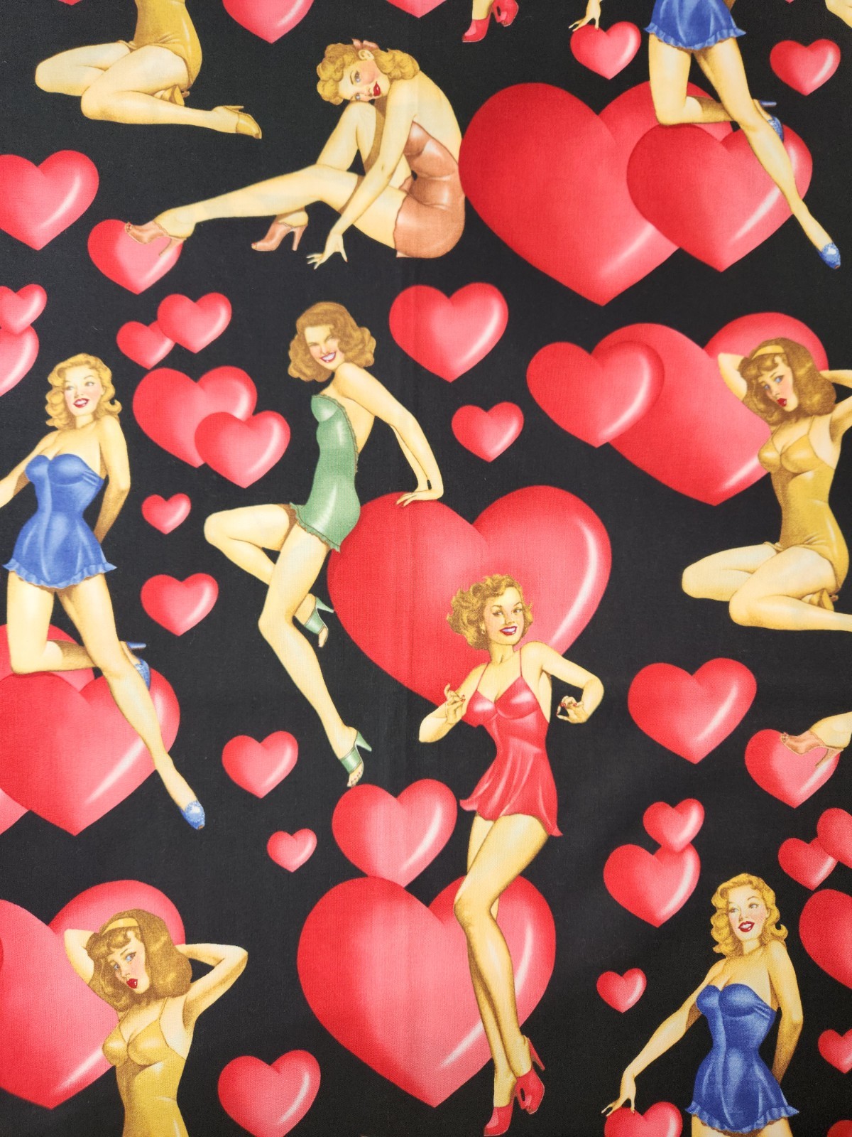 Alexander Henry Fabric Sweethearts 2003 Black Sexy Pinup Girls 1 Yard Cotton