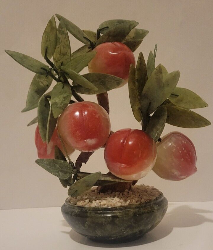 Vintage Chinese Glass Jade Tree With Peaches in Pot 9″ Tall