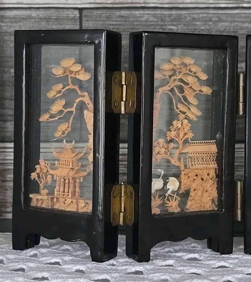 Vintage SAN YOU Cork Art Diorama 4 Scenes Paneled 4.5″ × 9.5″ × 3/4″ Chinese