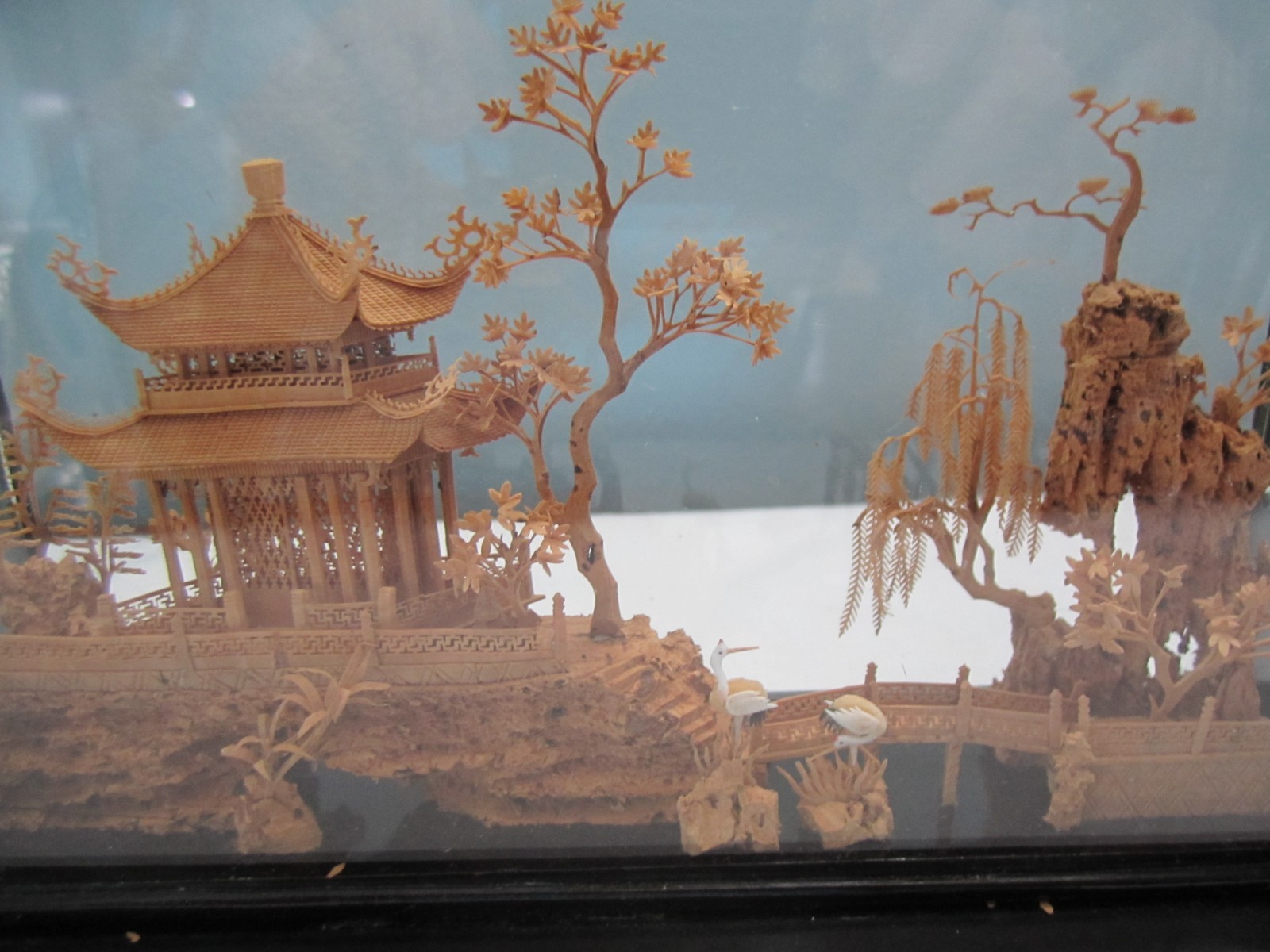 Vintage Hand-Carved Chinese Cork & Wood Diorama Encased In Glass & Wood Stand