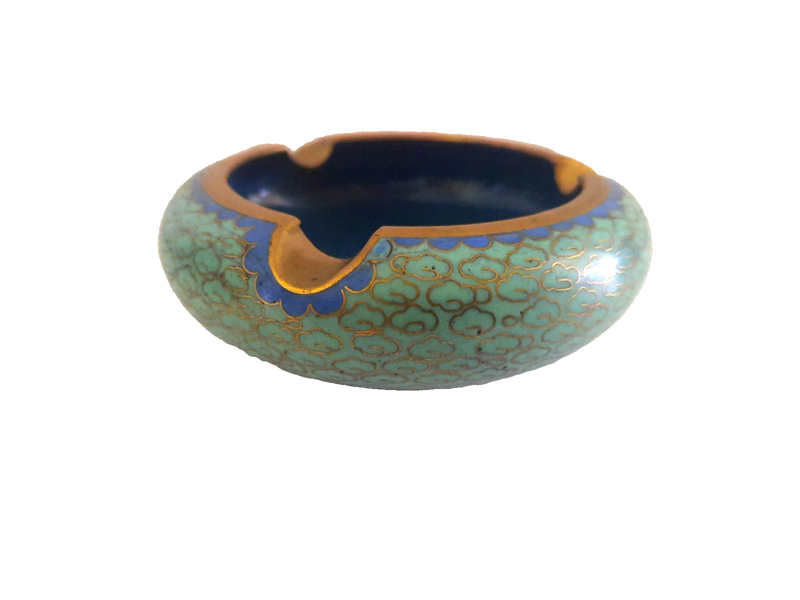 Vtg Chinese Asian Floral Cloisonné Enamel Brass Ashtray Green / Blue 3.25″ Round