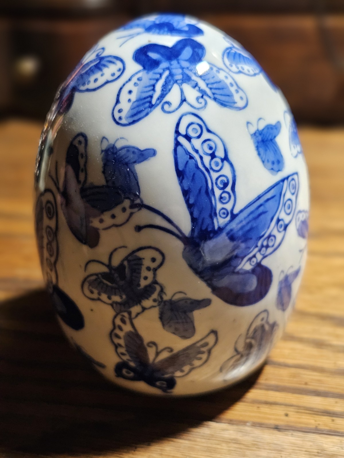 Vintage- Chinese Blue and White Porcelain Egg 4.5″Tall with Butterflies