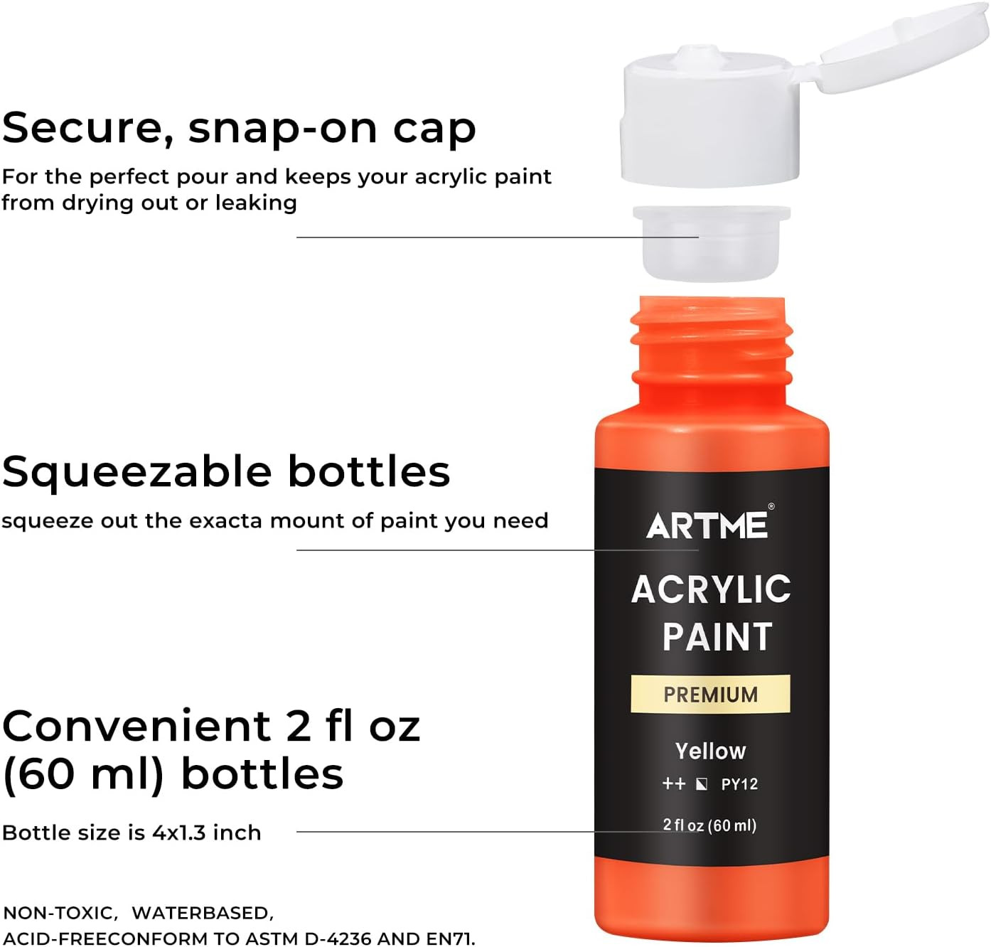 Artme Acrylic Paint Set, 60 Colors in 2Oz/60Ml Bottles, Non Toxic, Waterproof, R