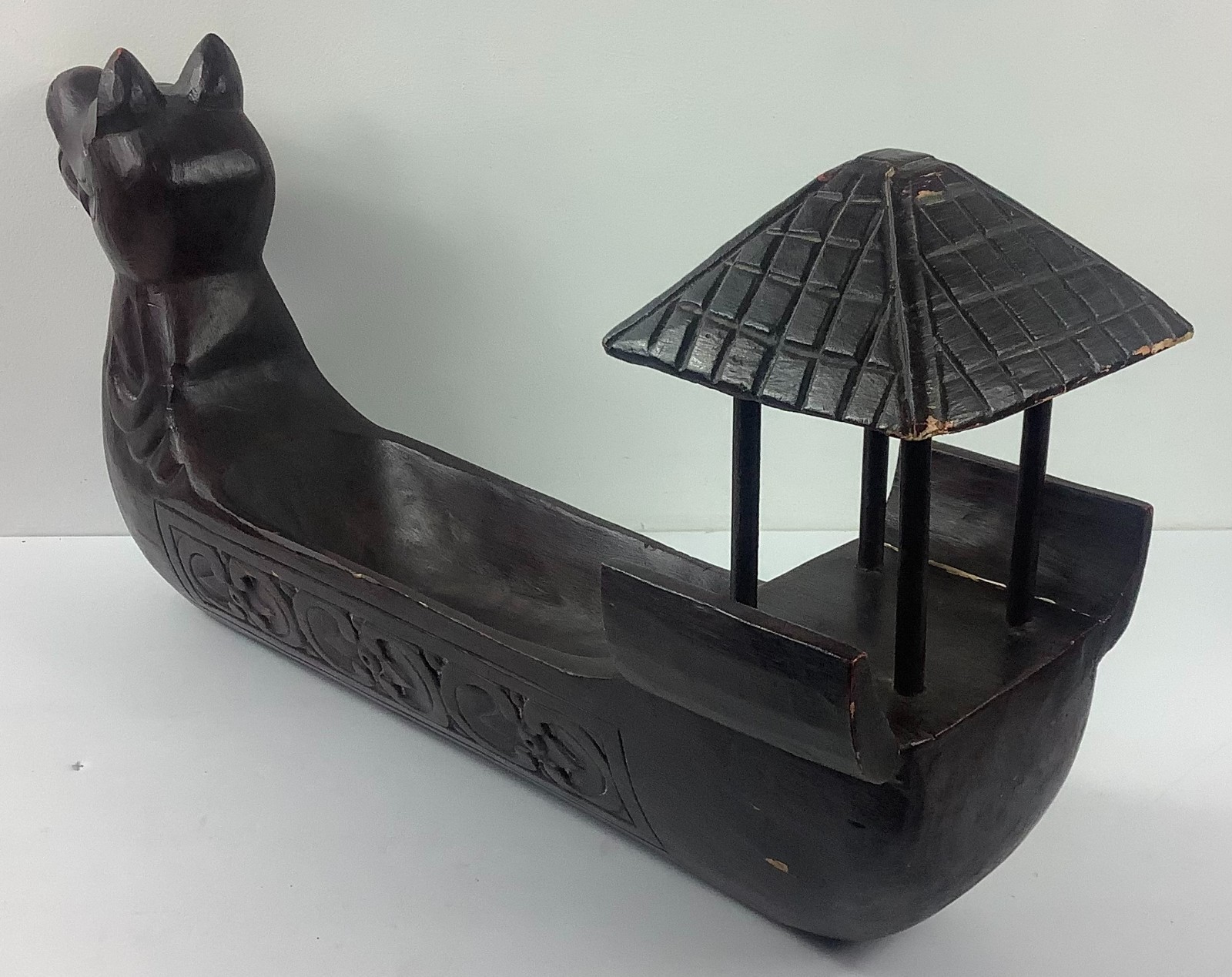 Vtg Wooden Asian Dragon Boat Decorative Centerpiece Display Tray Bowl 24″x6.75″x