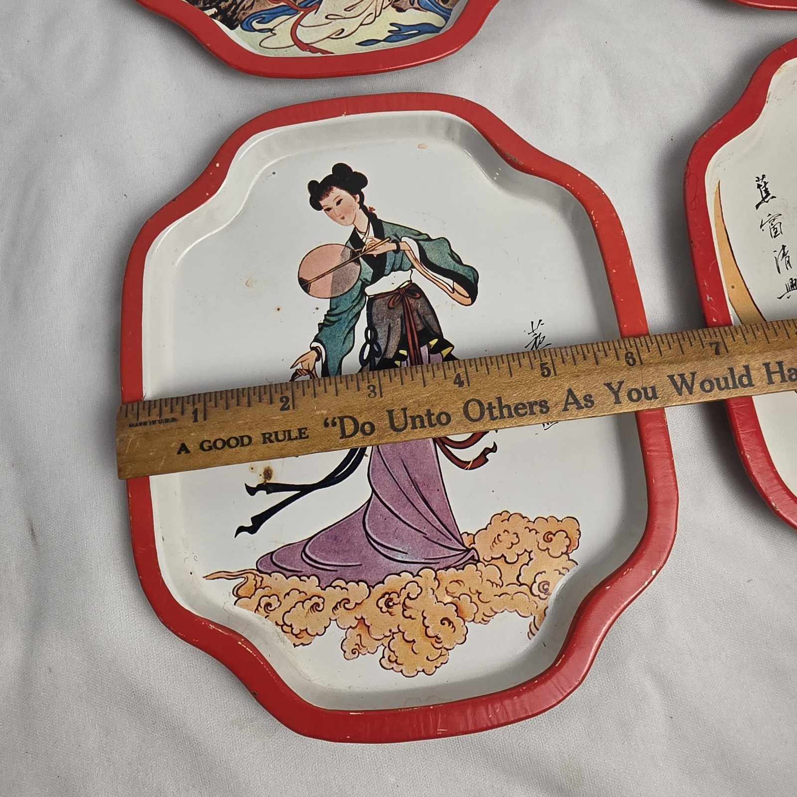 Vintage Asian Theme Tin Tray Set Of 4 Chinese Woman Geisha 1988 Hong Kong Made