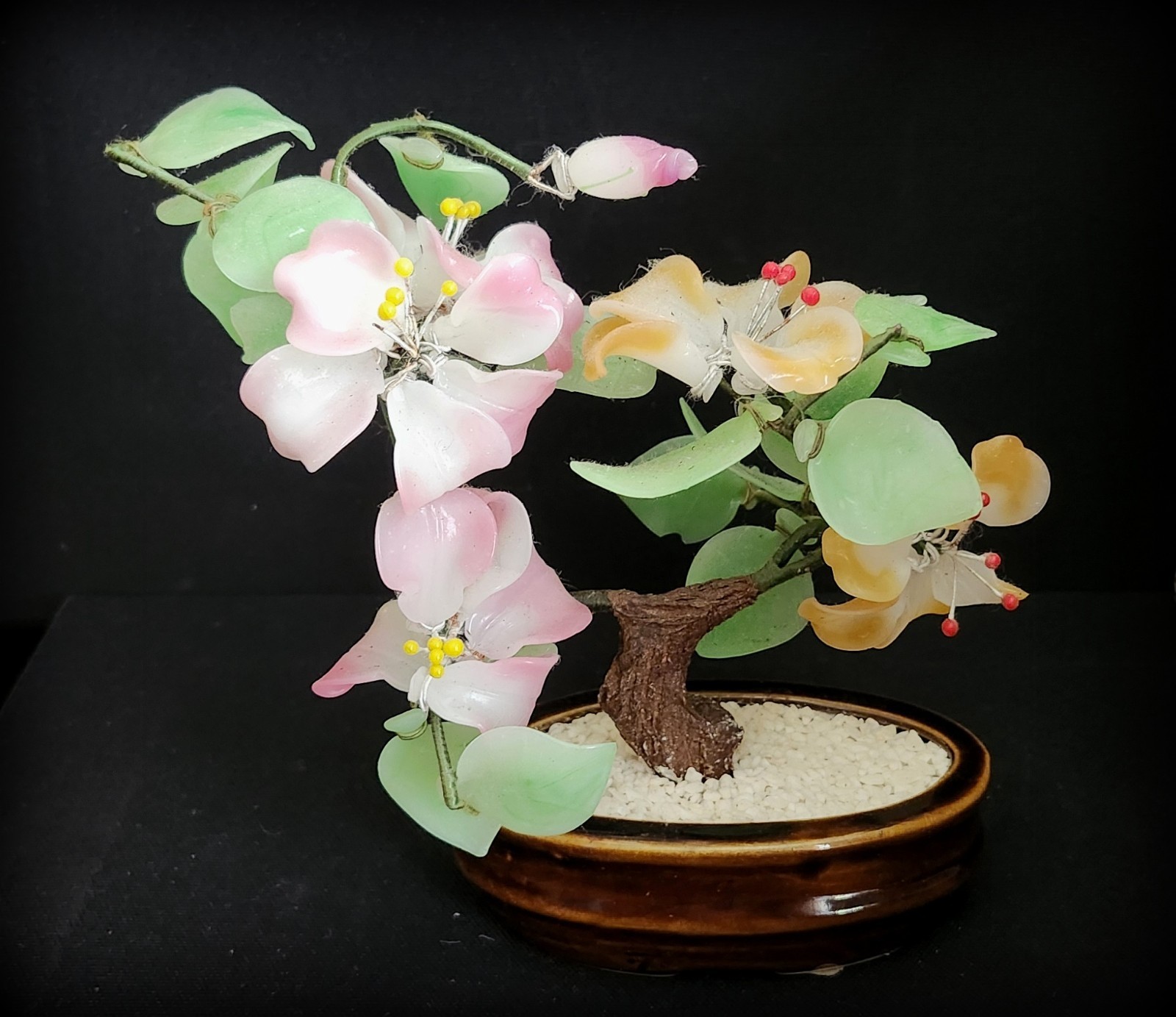 VTG Japanese Jade Cherry Blossom Bonsai Tree in Pot 9.5″x7.5″x 5″ Exc. Cond.