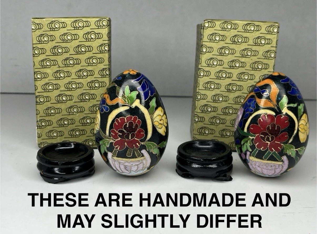 2 Vintage Handmade Chinese Cloisonne Copper Enamel Egg Traditional Floral Motif