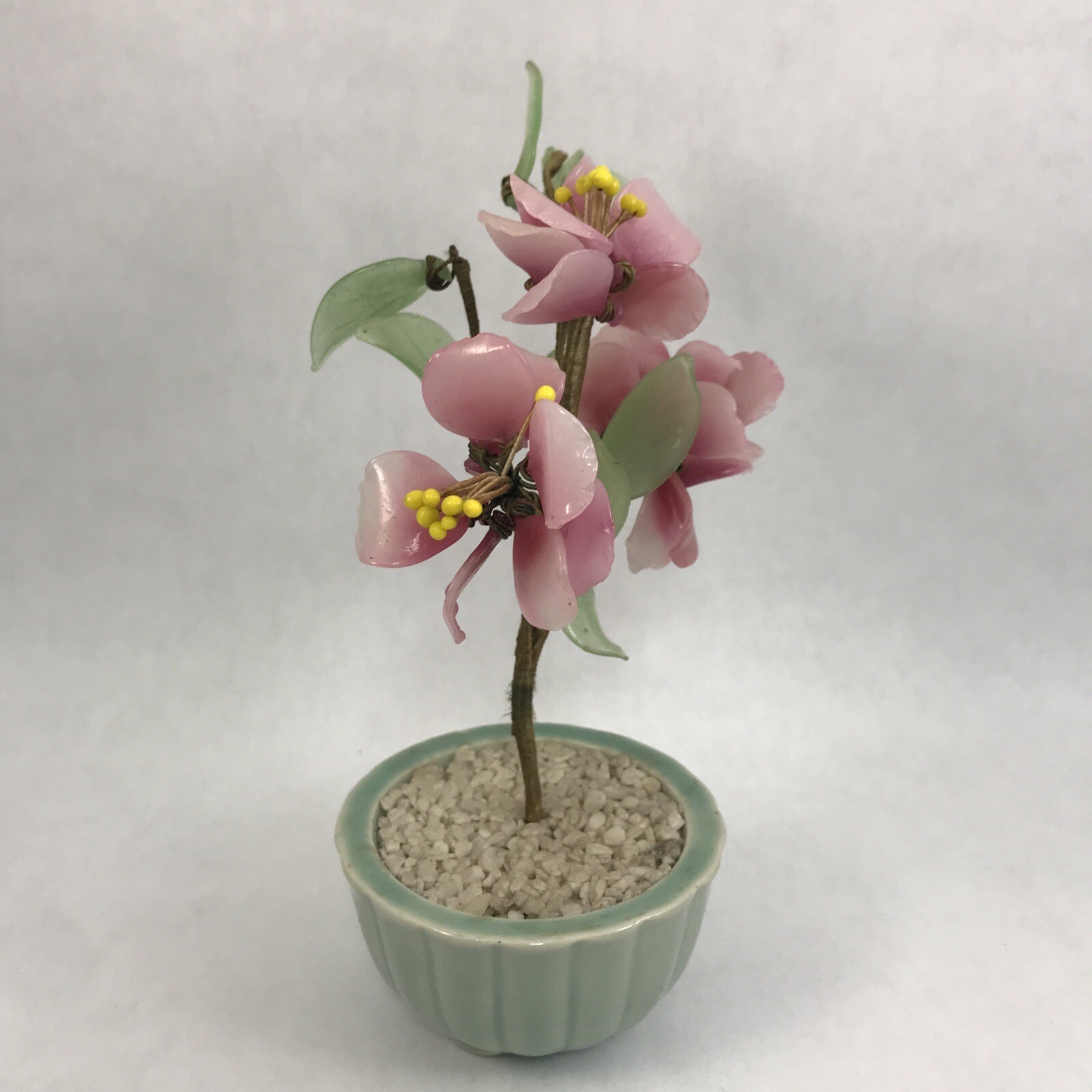 Pink Flower Decorative Asian Style Jade Glass Flowers Bonsai Plant Celadon Pot