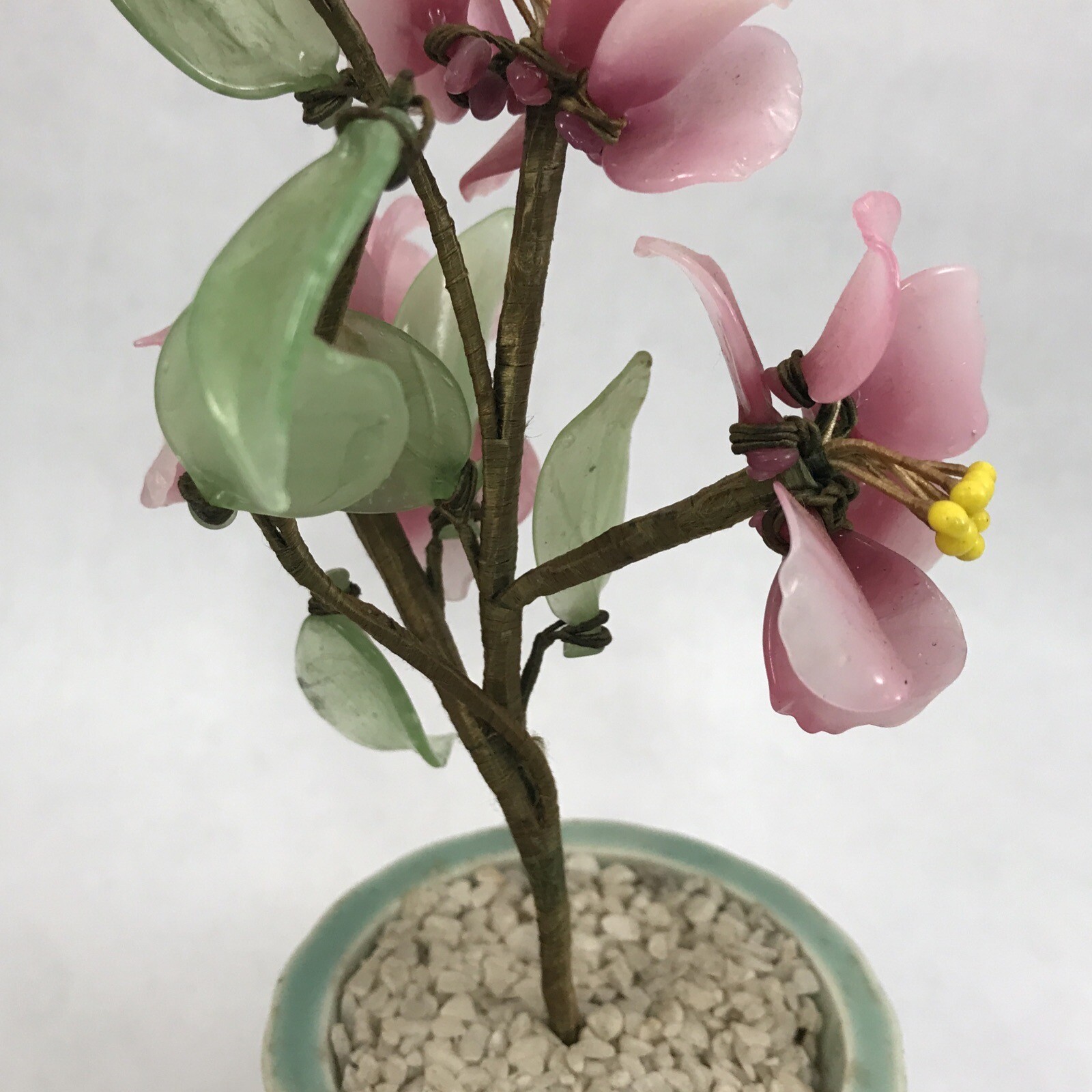 Pink Flower Decorative Asian Style Jade Glass Flowers Bonsai Plant Celadon Pot