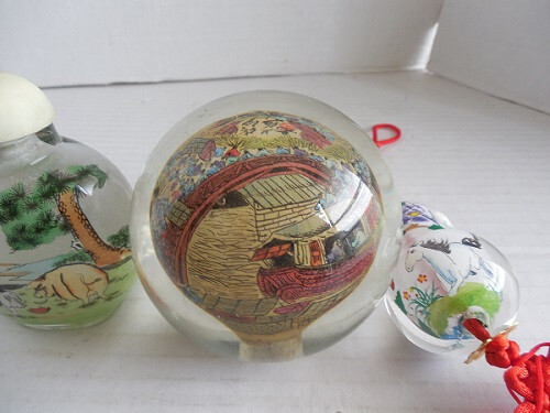 Vintage Chinese Reverse Painted Glass Sphere , snuff bottle + gourd ornament