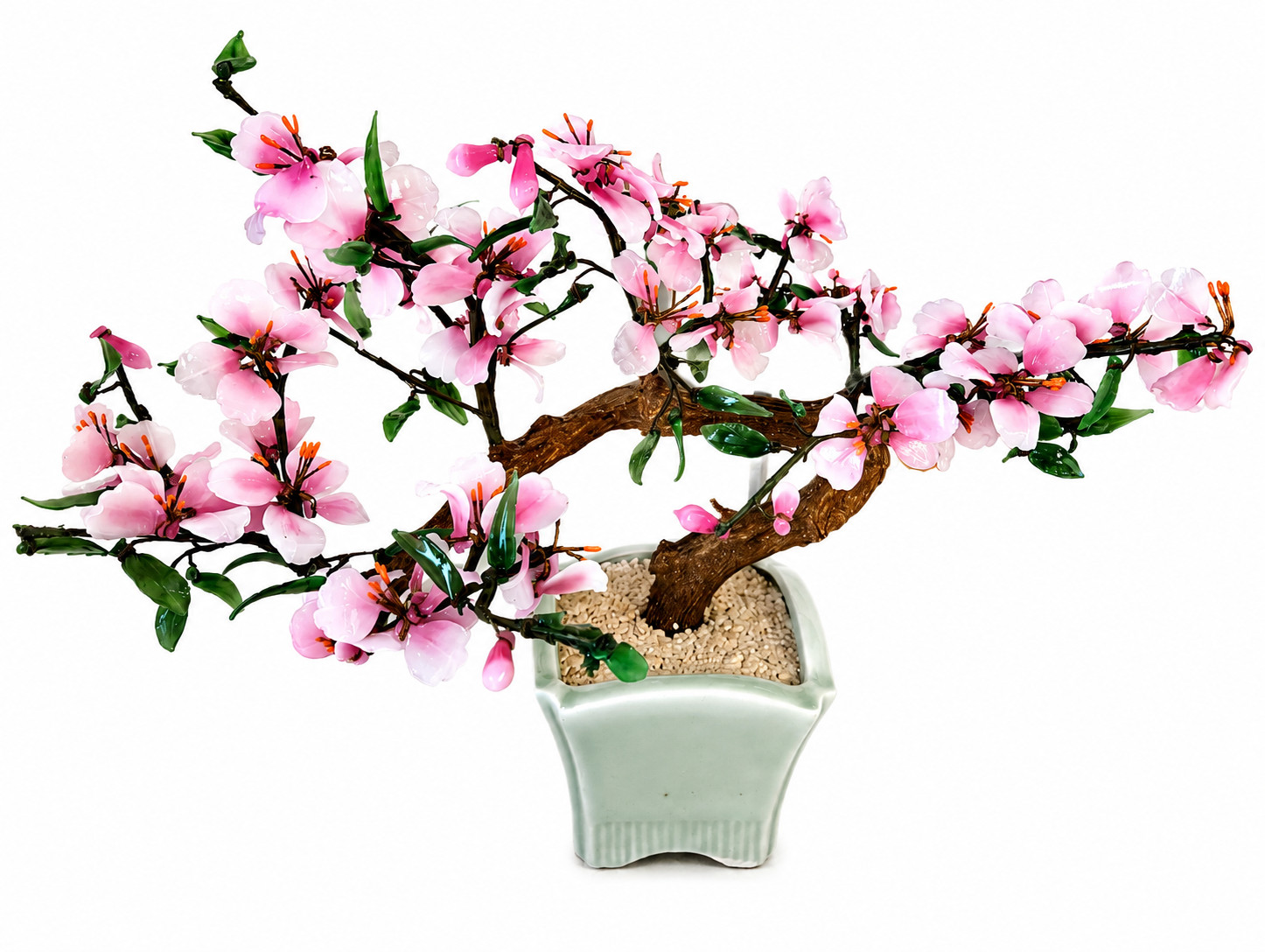 Vintage Cherry Blossom Bonsai Tree with Jade-Like Leaves & Glass Flowers in Asia