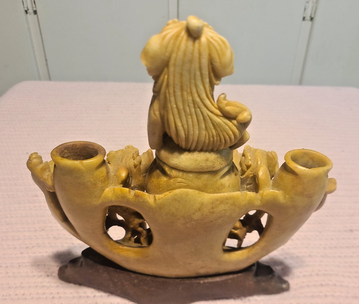 VINTAGE HAND CARVED SOAP STONE INCENSE BURNER FOO DOGS 8″ x 8 1/2″