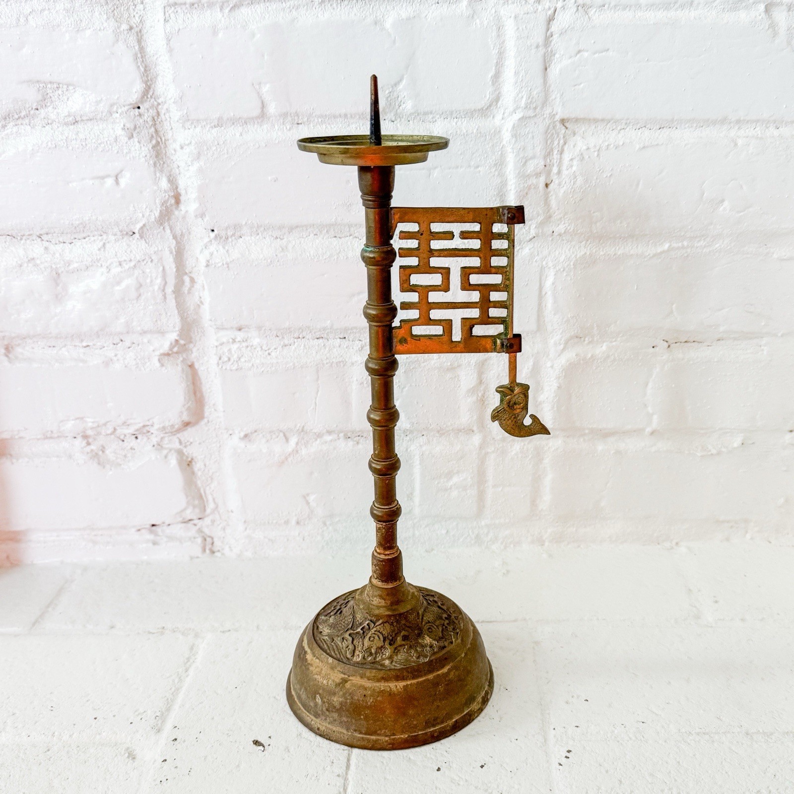 Antique Chinese Brass Altar Candlestick Qing Style Symbol Long Life Good Fortune