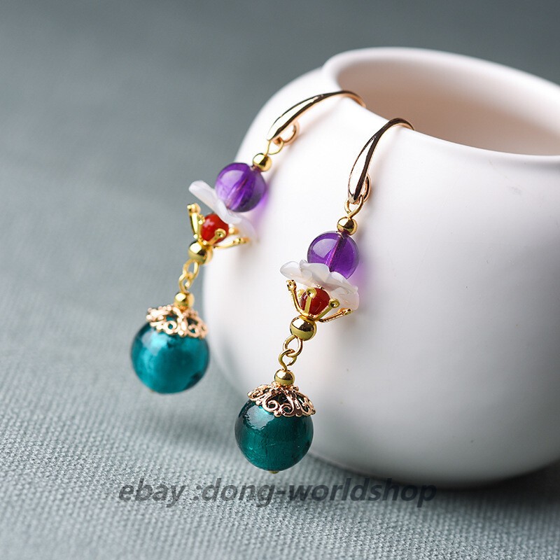 China Coloured Glaze/Purple Crystal/Shell Flower Tibetan Style Earbob Earrings