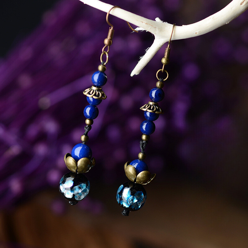 Chinese Coloured Glaze/Stone Flower Tibetan Style Fashion Earbob Earrings