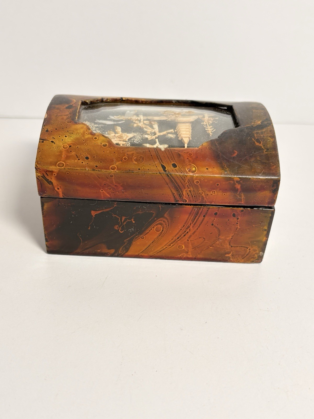 Vintage Chinese Lacquered Carved Cork Diorama Art Jewelry Box ~ Small with Lid
