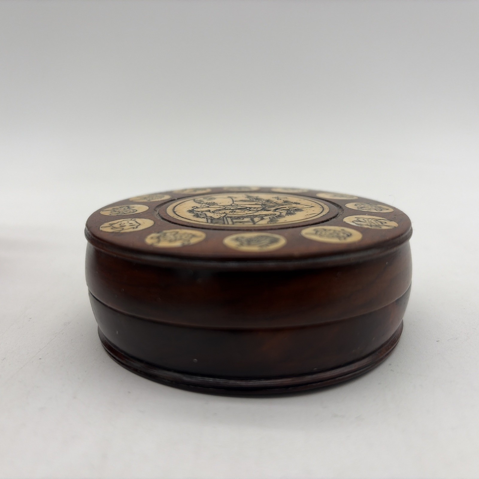Dark Wooden Chinese Round Compass with Animal Zodiac Inlay Design