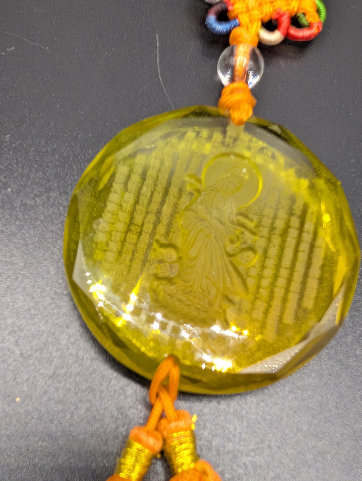 Reversed Carved Chinese Goddess Yellow Glass Tassel Hanging