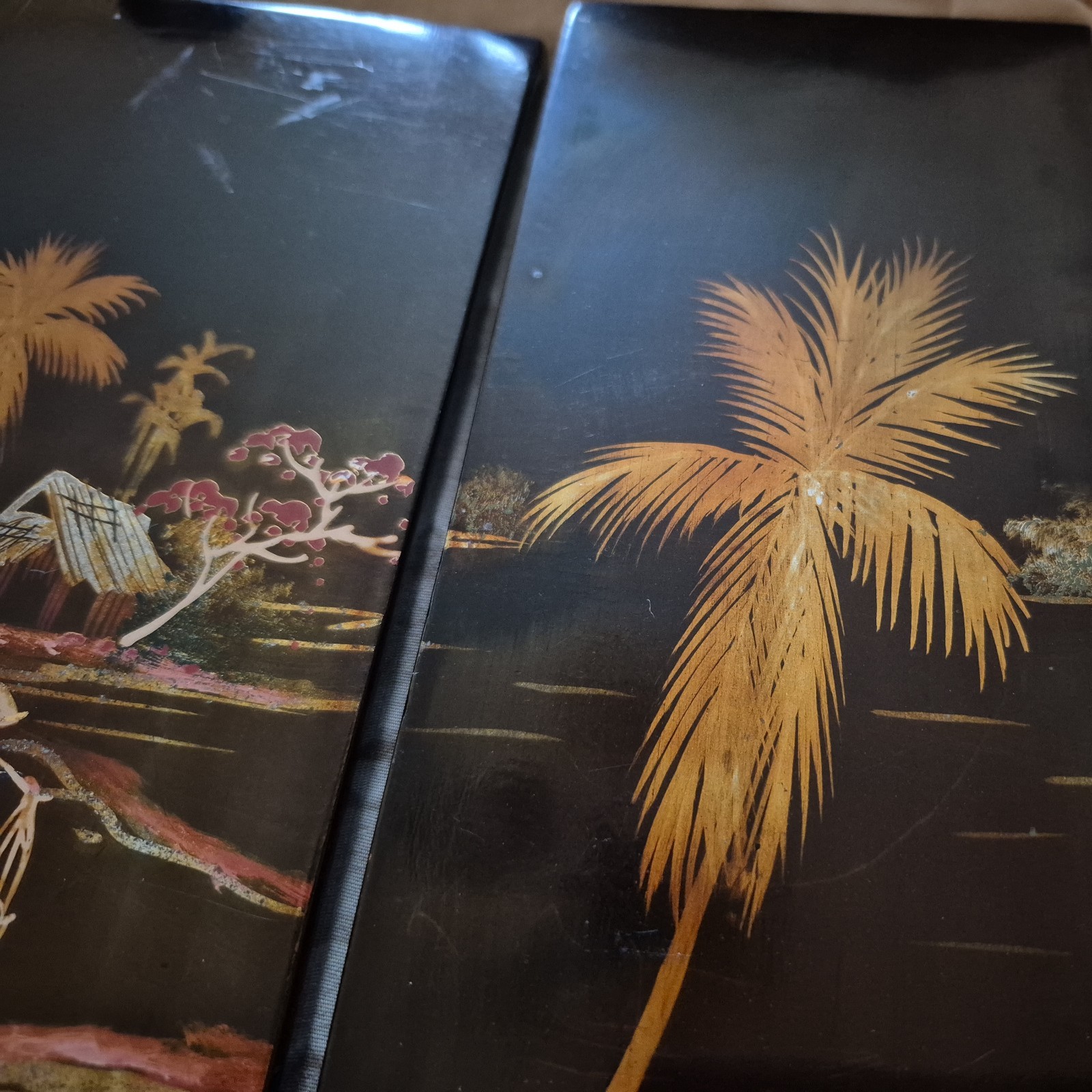 4 Vintage Asian Vietnamese Hand Painted Black Lacquer Wall Art Plaque Panels
