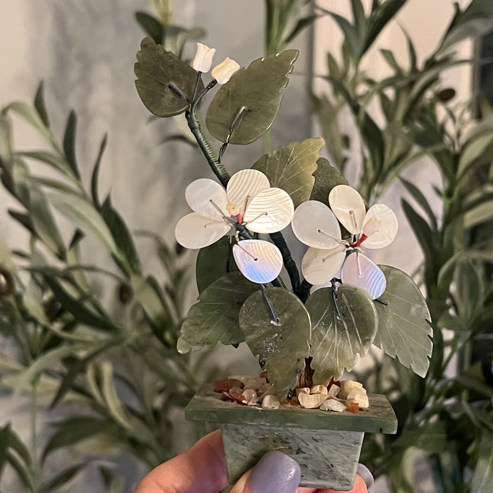 Sweet Small Asian Mother of Pearl & Jade Bonsai Tree Figure in Celadon Green Pot