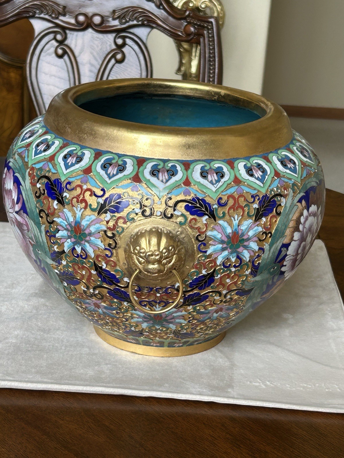 Chinese Cloisonné Planter Flower Pot Peonies Birds Lion Head Accent Brass