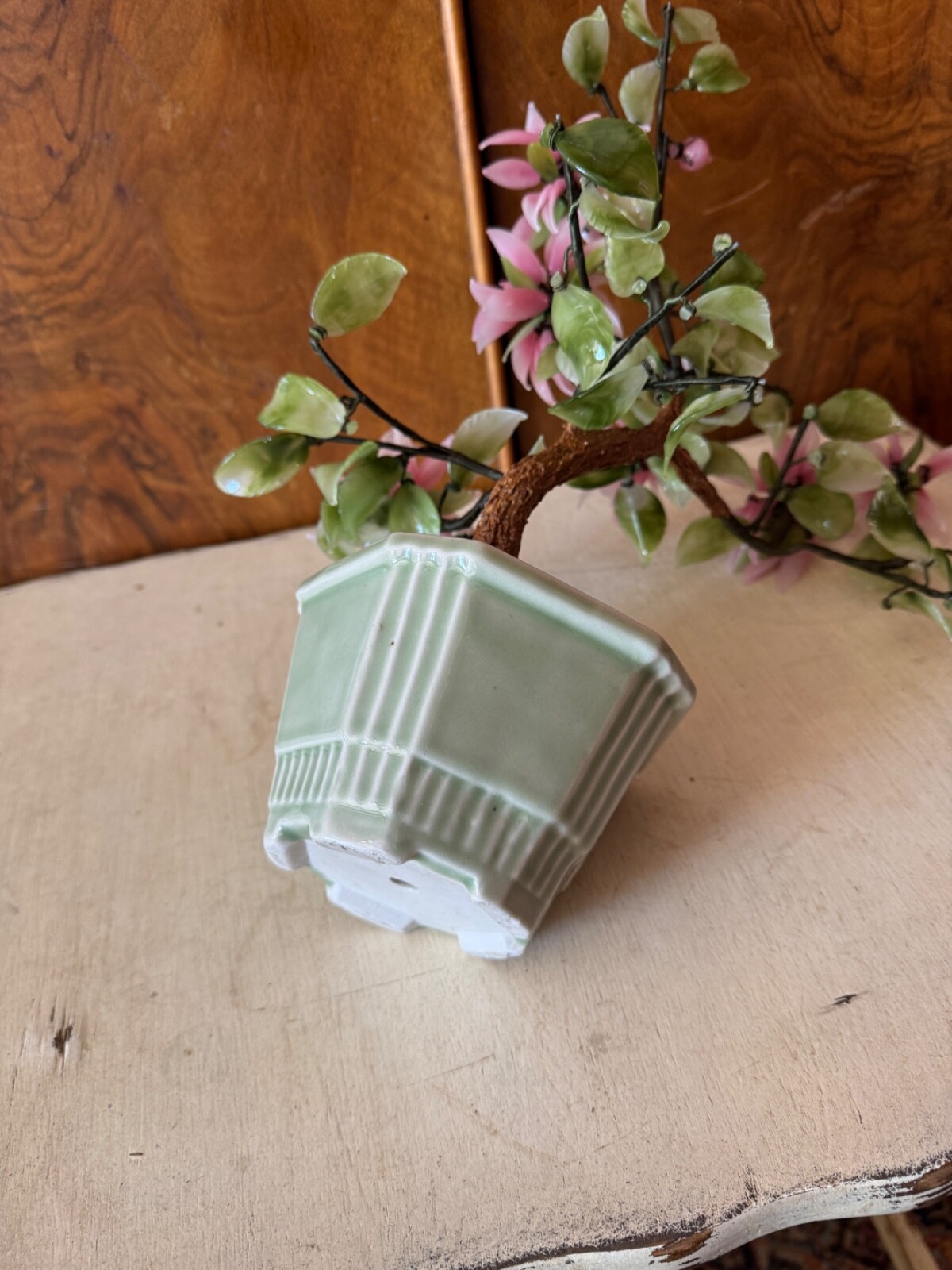 CHINESE JADE QUARTZ GLASS FLOWER TREE VINTAGE CELADON VASE PINK