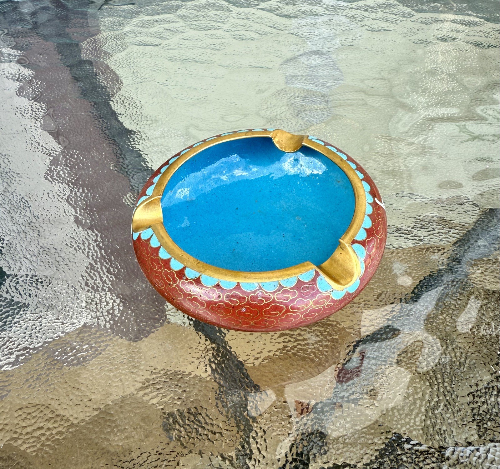 Vintage Chinese Asian Floral Cloisonné Enamel Brass Ashtray Beautiful Colors