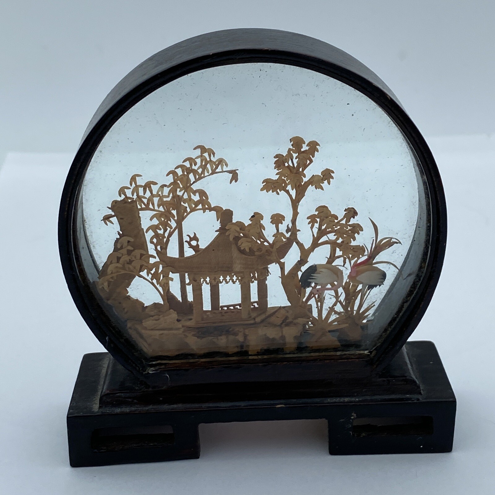 Asian Chinese “San You” Carved Cork Art Diorama Temple Cranes Trees Wood Glass