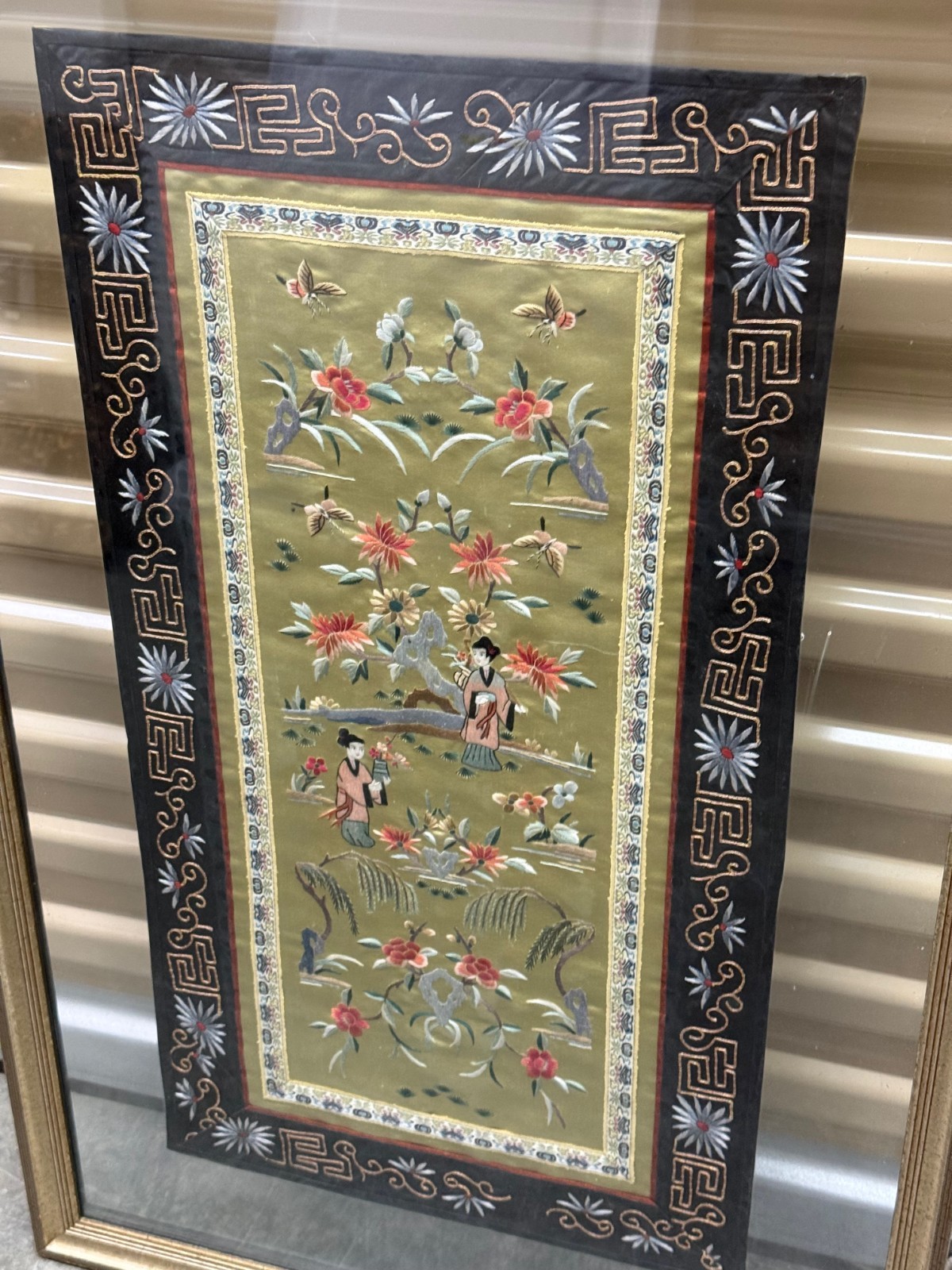 Vintage 1960s Set of 2 Chinese Silk Hand Embroidered Tapestry in Frame-Dun Huang